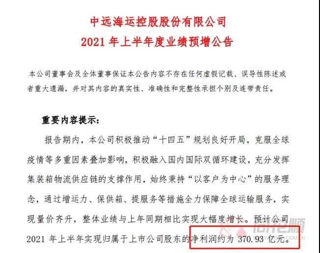 370億！中遠?？貥I(yè)績炸裂 半年賺的錢比過去3年還多一倍 股價更是一年10倍