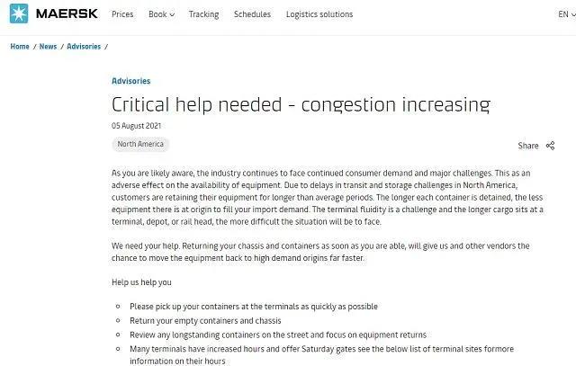 8月旺季北美港口恐再“爆倉”！馬士基提醒盡快還集裝箱