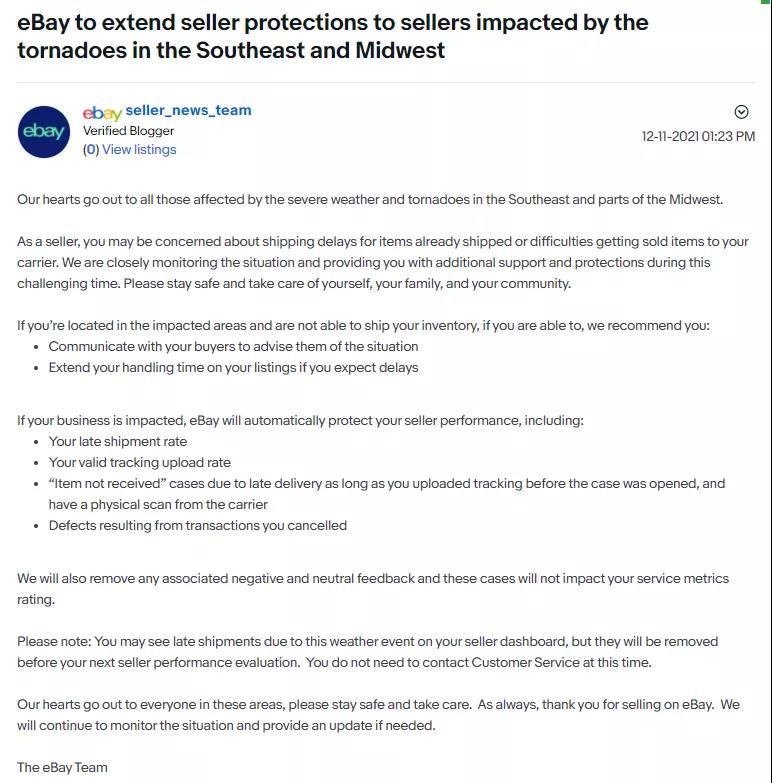 龍卷風(fēng)橫掃美國(guó)中南部五州！eBay 發(fā)布賣(mài)家保護(hù)措施