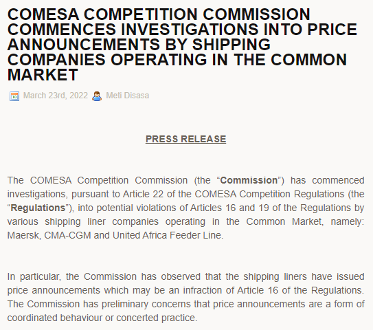非洲監(jiān)管機(jī)構(gòu)對馬士基等三家班輪公司，發(fā)起運(yùn)價(jià)調(diào)查！
