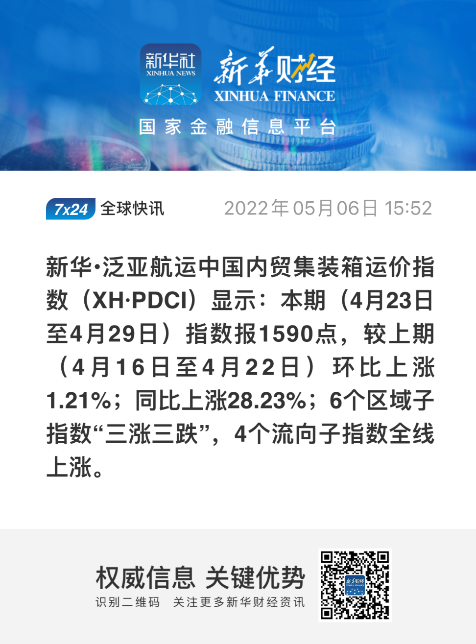 各區(qū)域集疏運(yùn)體系有序恢復(fù)，內(nèi)貿(mào)集裝箱運(yùn)價指數(shù)環(huán)比上漲