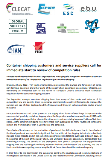 10大國際組織聯(lián)名，要求歐盟審查班輪公司競爭豁免法規(guī)！