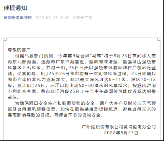 注意！臺風“馬鞍”預計登陸廣東，碼頭暫停閘口交提柜服務