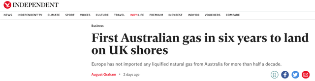 澳大利亞液化天然氣貨輪抵達(dá)英國，美媒：歐洲6年來首次