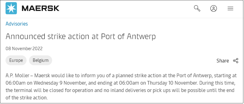 該國(guó)工會(huì)舉行大罷工！海陸空均受限，安特衛(wèi)普港暫停運(yùn)營(yíng)，船公司發(fā)布通知