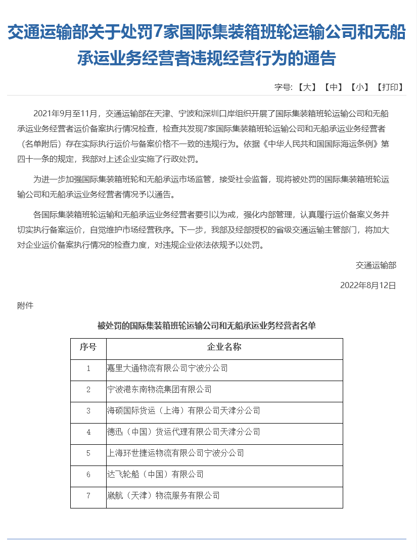 7家知名船公司和貨代受到交通運輸部處罰