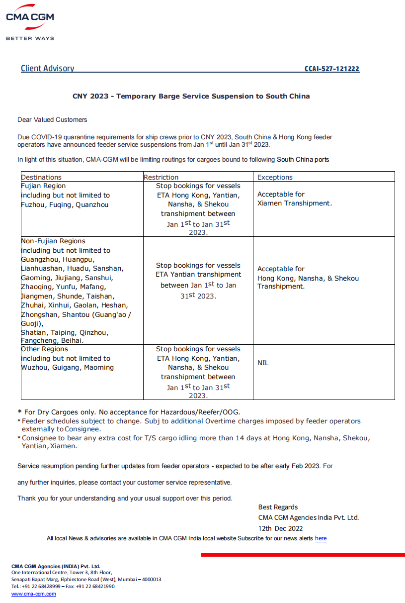 兩大船公司宣布：春節(jié)前后將暫停接收運(yùn)往華南地區(qū)的貨物！
