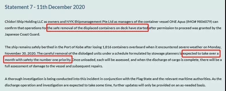 ONE Apus追蹤：開始移除甲板上受損集裝箱，預計需1個月！