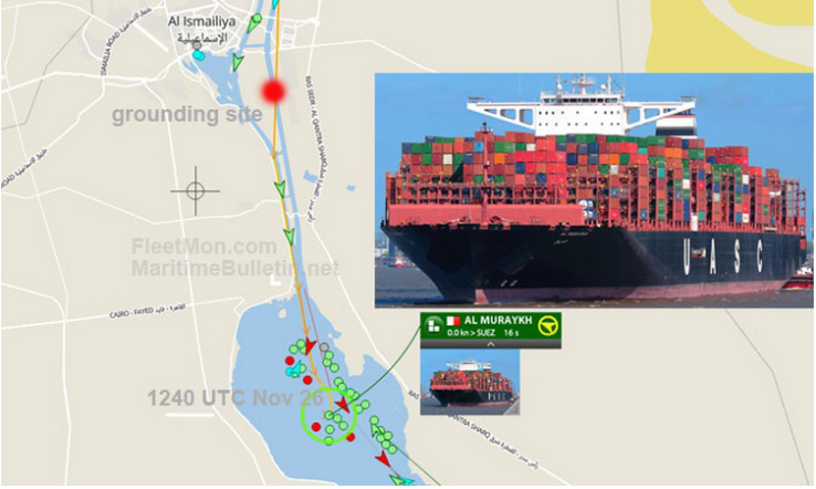 赫伯羅特超大型集裝箱船在蘇伊士運(yùn)河擱淺，運(yùn)河通航受阻